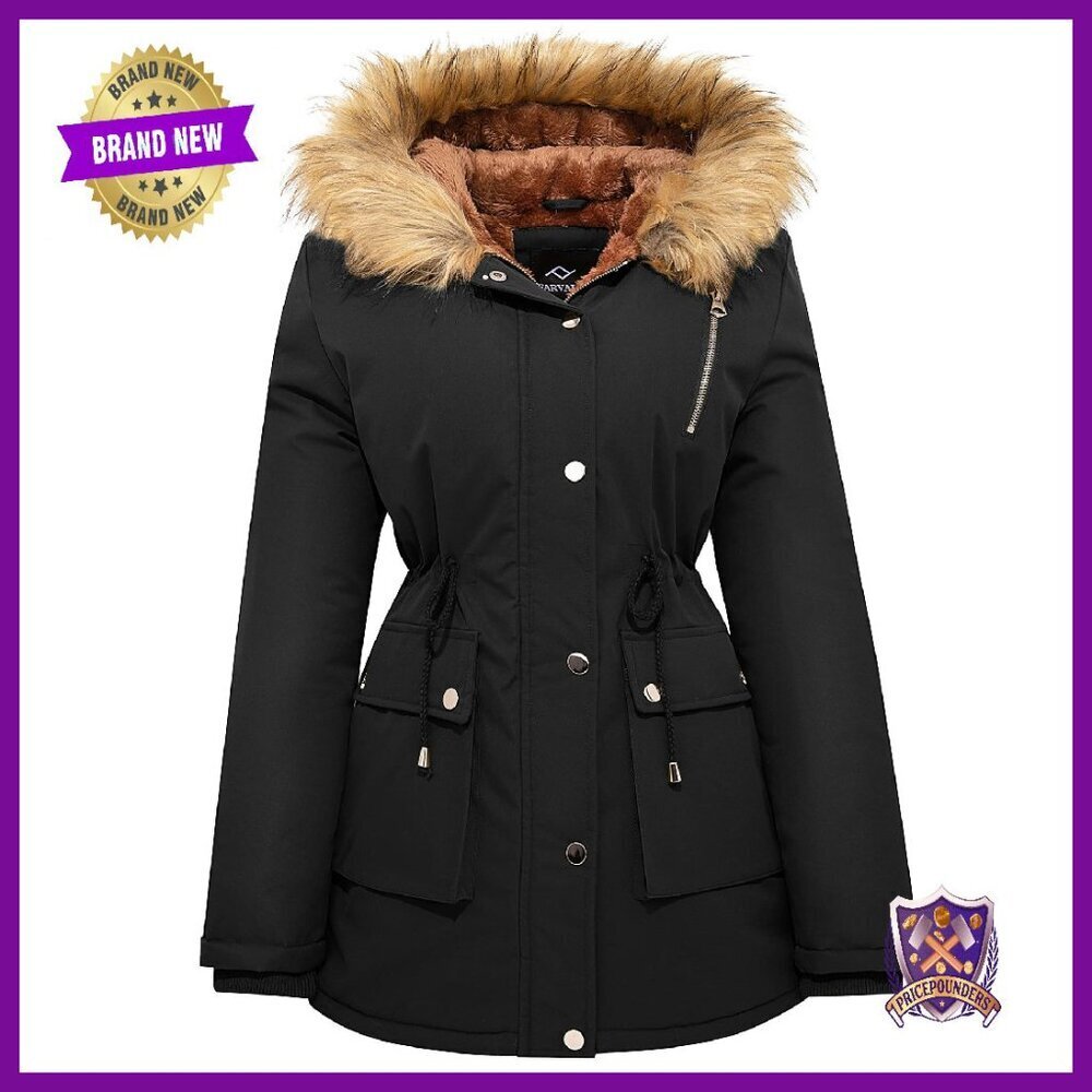Women's Water-Repellent Puffer Jacket with Fleece Lining and Faux Fur Hood